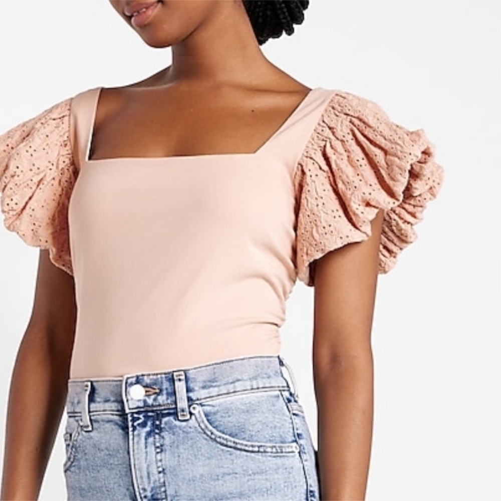 Express square neck eyelet puff sleeve tie back crop top peach light pink - Picture 3 of 12